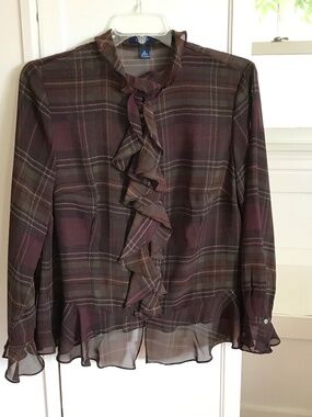 CHAPS Womens Plus 1X Plaid Sheer Ruffled Button Up Blouse Long Sleeve Top